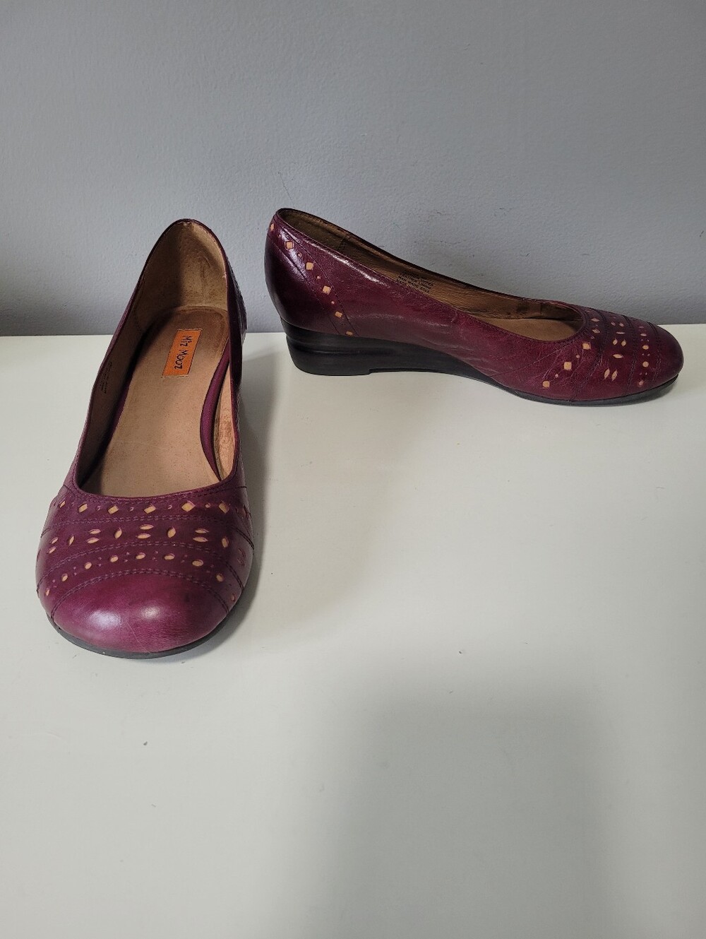 Miz Mooz Burgundy Laser Cut Leather Low Wedges, Size 8
